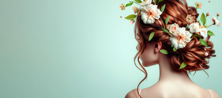 Portrait of a woman with spring flowers in her hair on a light blue background, women's day, bannerの素材