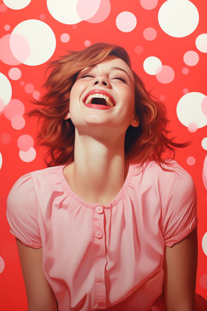 A beautiful woman joyfully celebrating Women's Day on a vibrant red background, radiating happinessの素材