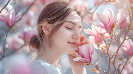 A beautiful young woman poses against a backdrop of delicate spring magnolia flowersの素材