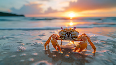 A crab on the seashore in the rays of the setting sun, wildlifeの素材