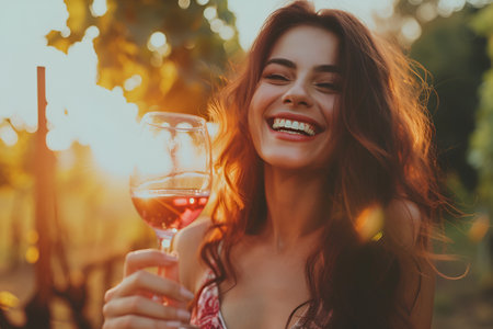 A young woman enjoying herself with a glass of wine in the garden, reveling in the momentの素材