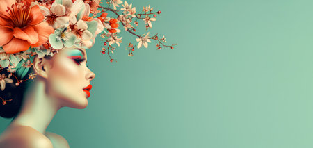 Portrait of a woman with spring flowers in her hair on a light blue background, women's day, bannerの素材