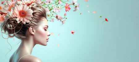 Portrait of a woman with spring flowers in her hair on a light blue background, women's day, bannerの素材