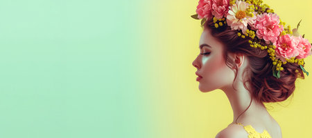 Woman with spring flowers in her hair on a light yellow blue background, women's day, bannerの素材