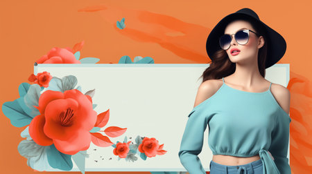 An advertising banner showing a woman wearing a stylish hat, set against an orange backgroundの素材