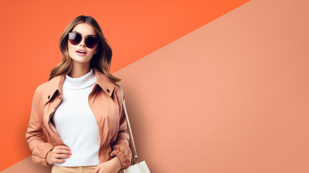 An ad banner featuring a woman on a colorful background, exuding allure and styleの素材
