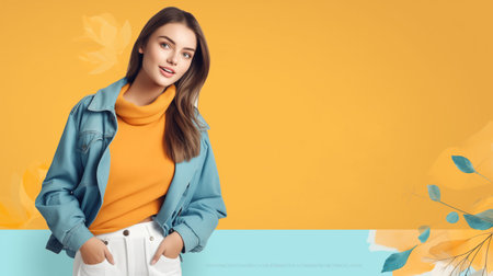 An advertising banner featuring a radiant and elegant woman set against a vibrant yellow backdropの素材