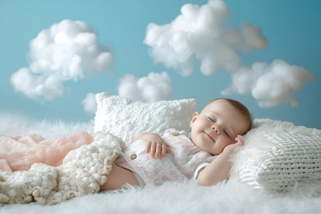 A happy baby is sleeping in a soft bed among the clouds, World Sleep Dayの素材