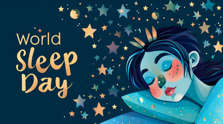 Illustration for World Sleep Day with stars and a sleeping girl on a pillowの素材