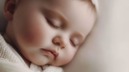 Close-up portrait of a beautiful sleeping baby on a blurred background, World Sleep Dayの素材