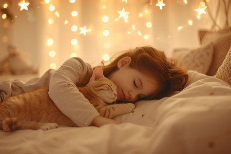 A little girl is sleeping in bed hugging a cat, World Sleep Dayの素材
