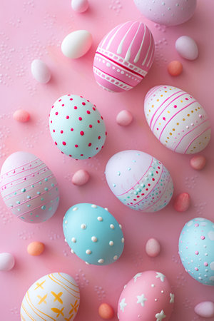 Easter eggs, adorned with colorful hues on a soft pink pastel backgroundの素材