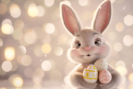 A charming cartoon Easter bunny holds a holiday eggの素材