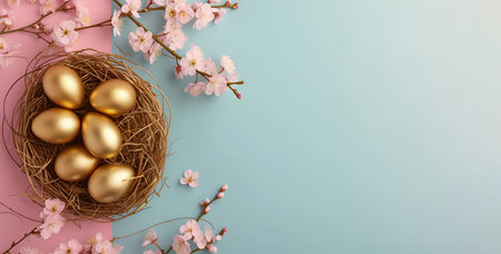 Golden Easter eggs in a nest with flowers on a blue background, bannerの素材