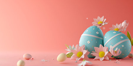 Colored Easter eggs with flowers on a pink background, copy spaceの素材