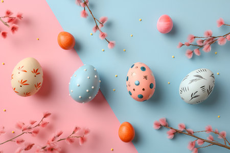 Colored Easter eggs adorned with spring flowers rest on a soft blue pastel backgroundの素材
