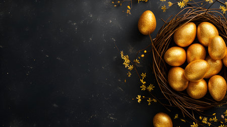 Golden Easter eggs in a nest with flowers on a black background, bannerの素材