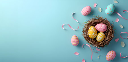 Easter eggs in a nest on a blue background, bannerの素材