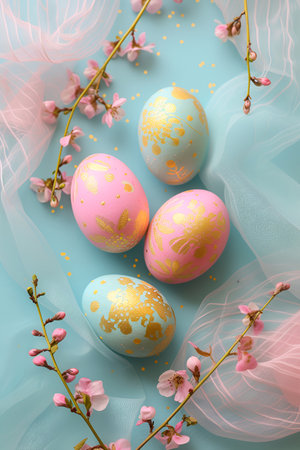 Colored Easter eggs adorned with spring flowers rest on a soft blue pastel backgroundの素材