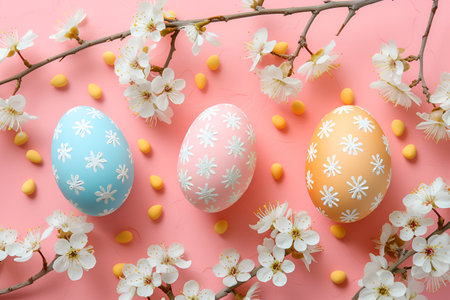 Colored Easter eggs adorned with spring flowers rest on a soft pink pastel backgroundの素材
