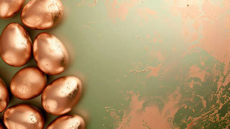 Golden Easter eggs on a colored background, copy spaceの素材