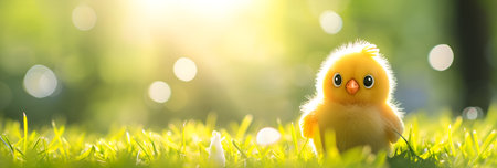 A small yellow Easter chick is nestled on green grass, bathed in sunlight, bannerの素材
