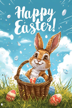 A bunny in a basket of vibrantly colored holiday eggs, extending wishes for a happy Easterの素材