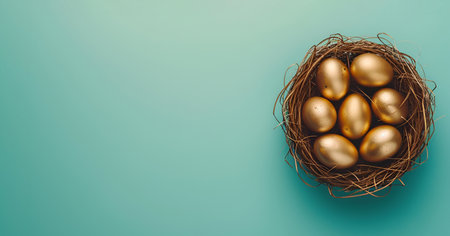 Golden Easter eggs in a nest on a blue background, bannerの素材