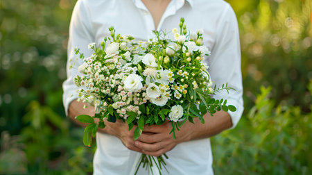 A man in a white shirt stands against a backdrop of natural greenery, holding a bouquet of flowersの素材