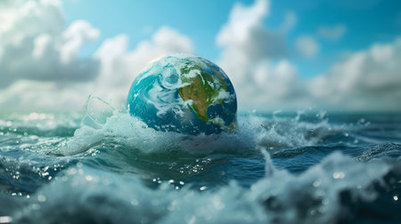A model of planet Earth gently floating on waves, World Water Dayの素材