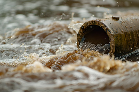 Contaminated water flows from the pipe into the river, an environmental disasterの素材