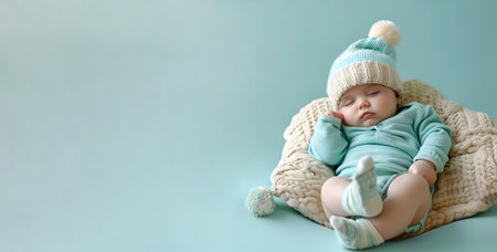 A sleeping baby lies peacefully on a serene blue background, bannerの素材