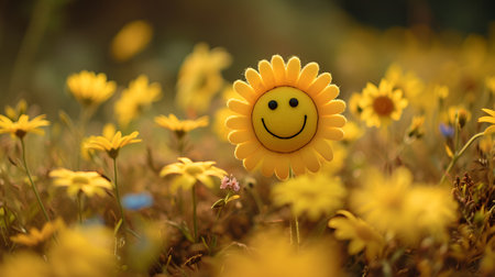 An illustration of a yellow emoticon flower blooming in a meadow, International Day of Happinessの素材