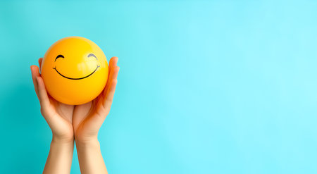 Yellow smiley ball in hands on a blue background, International Day of Happinessの素材