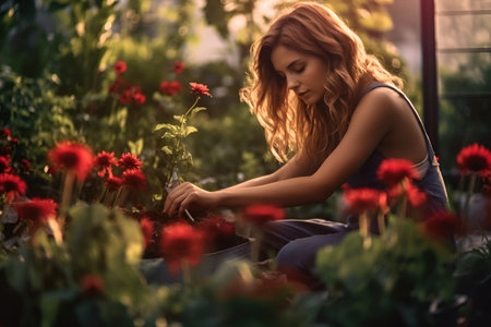 A young woman gardener plants flowers in the gardenの素材
