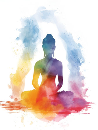 Colored silhouette of Buddha, watercolor illustration, Buddha purnimaの素材