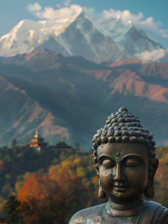 Buddha statue stands amidst majestic mountain peaks, tranquility and spiritual enlightenmentの素材
