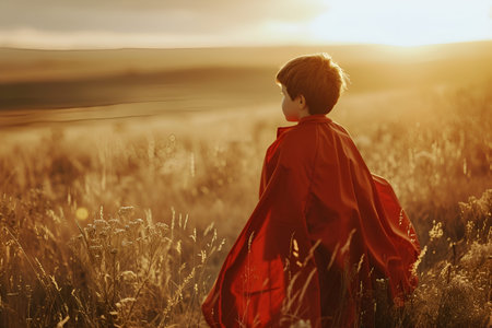 On Children's Day, a boy dons a superhero costume, embracing the magic of childhood adventuresの素材