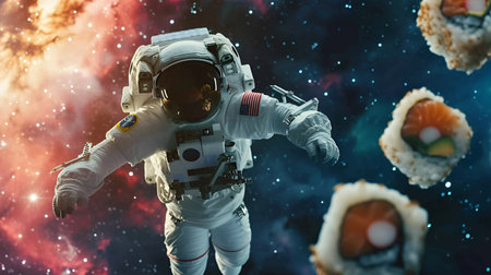 In the vastness of space, an astronaut floats among sushi, fast deliveryの素材