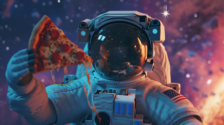 An astronaut holds a cheesy slice of pizza against the backdrop of outer spaceの素材