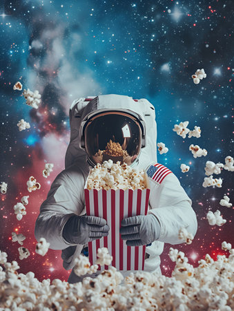 An astronaut in a spacesuit enjoys a box of popcorn while floating in outer spaceの素材