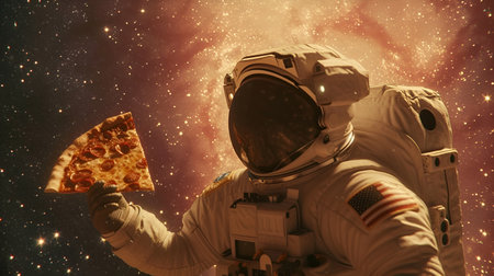 An astronaut holds a piece of pizza with cheese in his hand on the background of spaceの素材