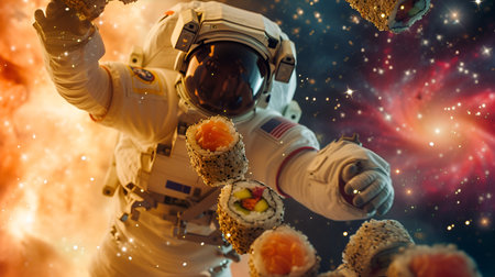 In the void of space, an astronaut is surrounded by sushi rolls, fast deliveryの素材