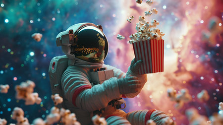 In outer space, an astronaut, suited up, holds a box of popcorn, prepared to watch a movieの素材