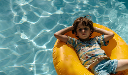 A boy floats on an inflatable ring in the pool, enjoying his summer vacationの素材