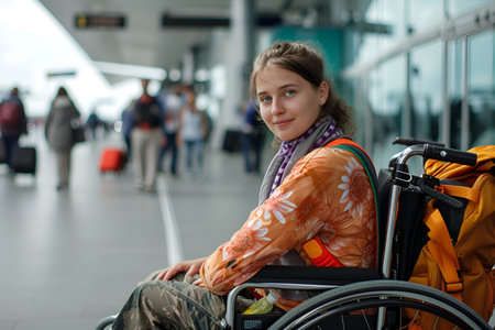 Young woman in a wheelchair, carrying a backpack, is at a train station or airport, disabilityの素材