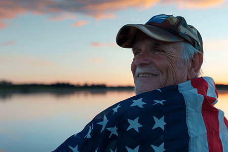 A cheerful man wearing a cap and wrapped in an American flag, standing by a serene lake at sunsetの素材