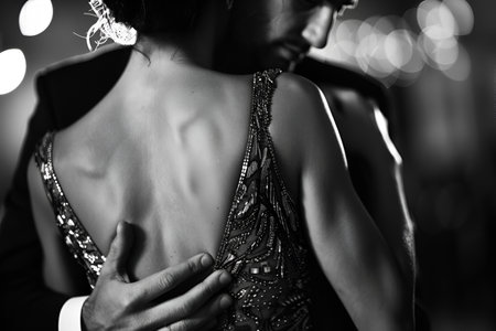 A black and white close-up captures a couple's intimate tango embrace, emphasizing the elegant and emotional connection between the dancers.の素材