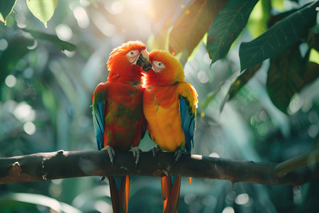 Two colorful macaws perch closely together on a branch in the rainforest, sharing a moment of affection surrounded by lush green foliageの素材
