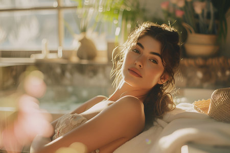 A tranquil woman enjoying a peaceful moment in a sunlit spa, surrounded by soft light and greenery, International Self Care Dayの素材